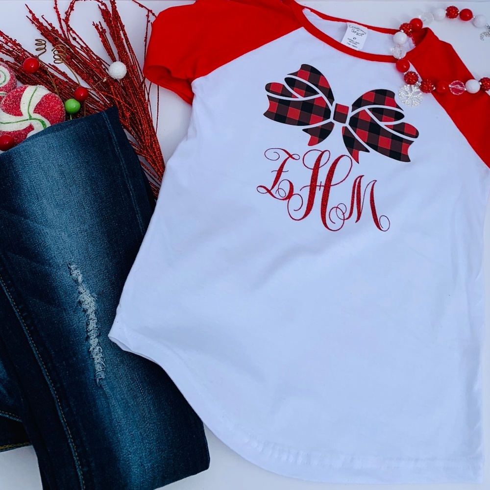 Kids Monogrammed Shirt With Bow / 3/4 in Sleeve